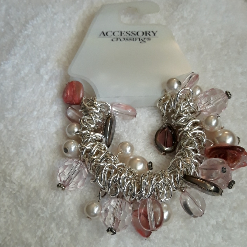 Stretch bracelet ; pink, brown, white, silver tone